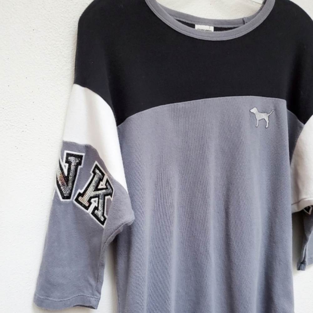 PINK Victoria's Secret Gray ColorBlock Bling Long Sleeve Tee L